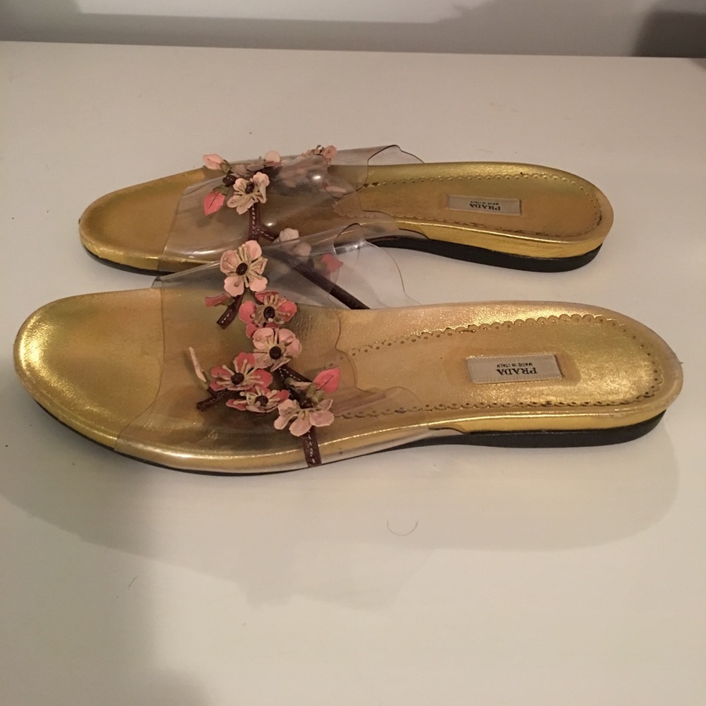 Prada Gold Slide leather Floral Appliqué 39 US 9